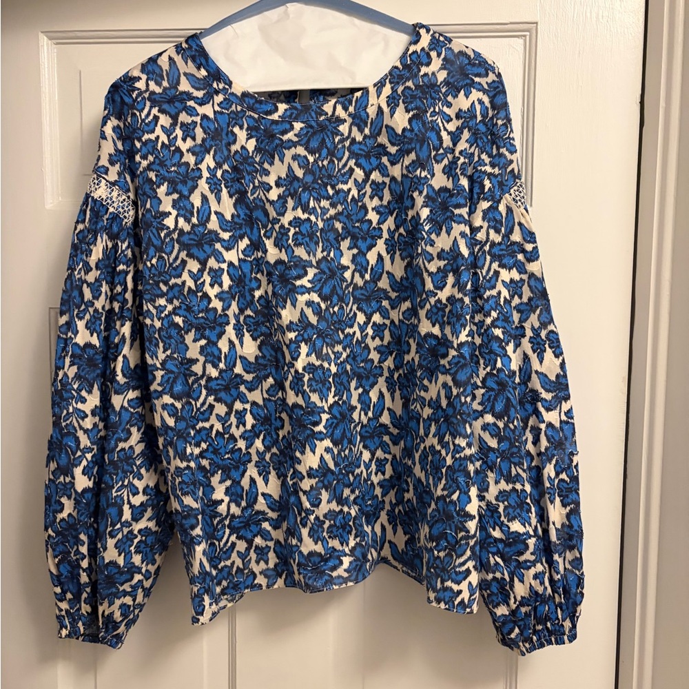 Tanya Taylor Blue and White Floral Blouse